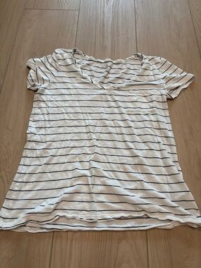 Caslon White Tee with Black Stripes V-Neck